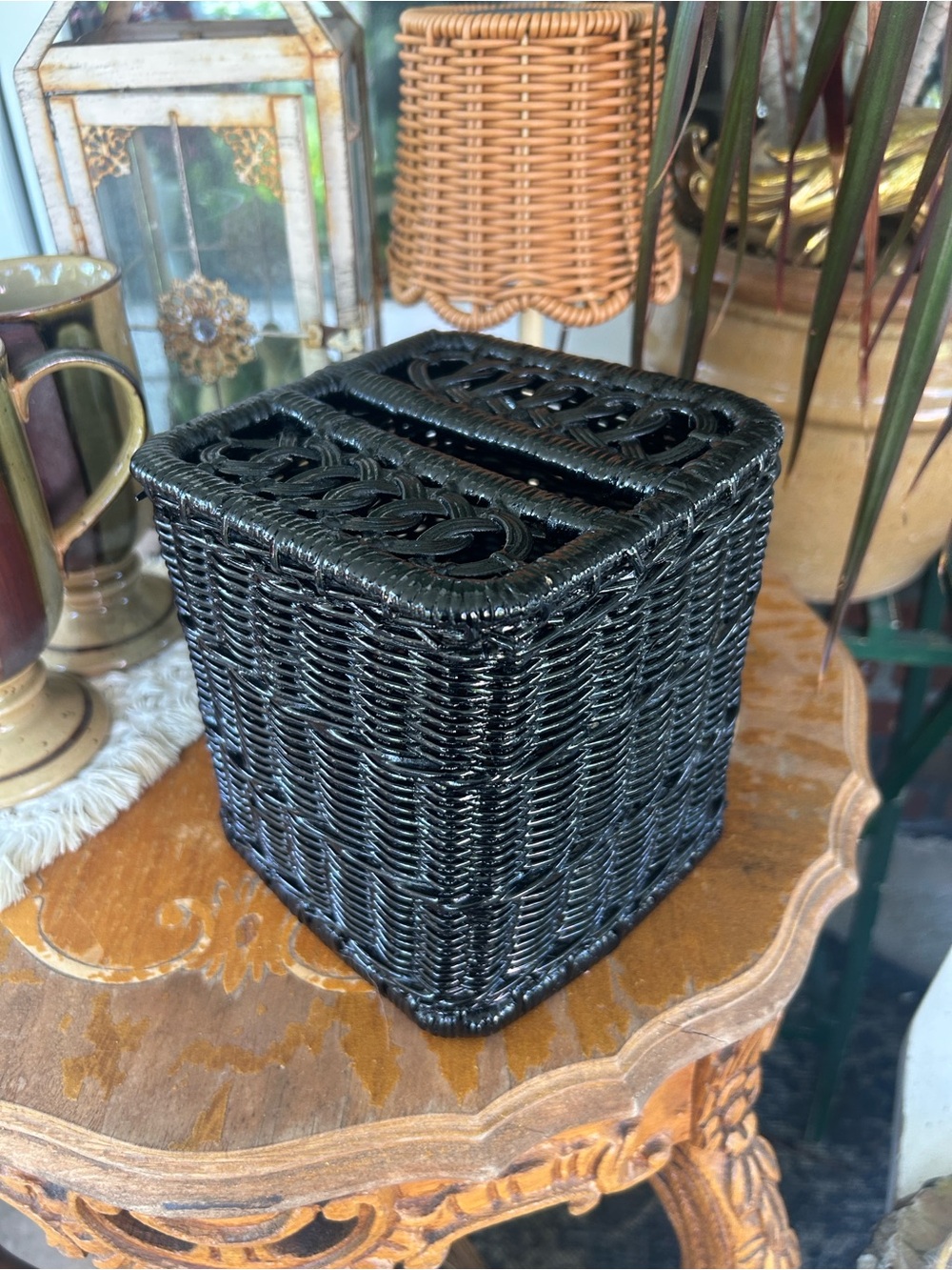 Vintage Black Wicker Tissue Box Cover